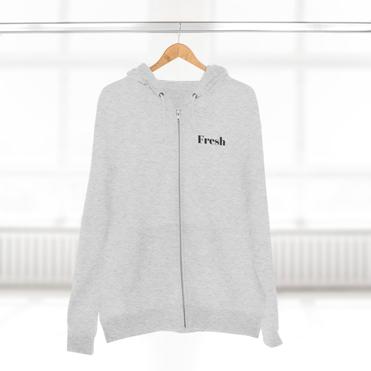 Fresh Minimalist Zip Hoodie — Light Grey "Fresh" Chest Zip-Up