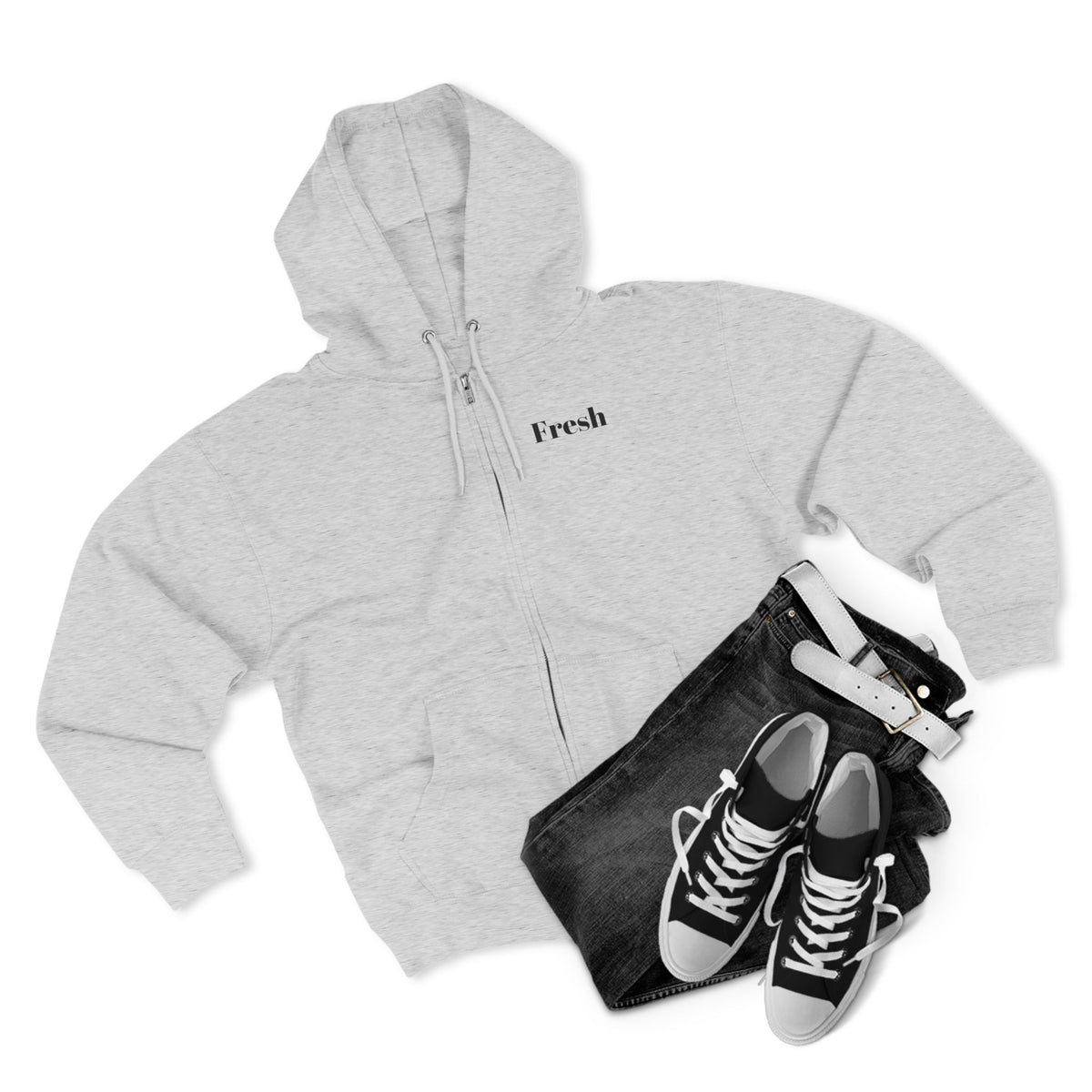 Fresh Minimalist Zip Hoodie — Light Grey "Fresh" Chest Zip-Up