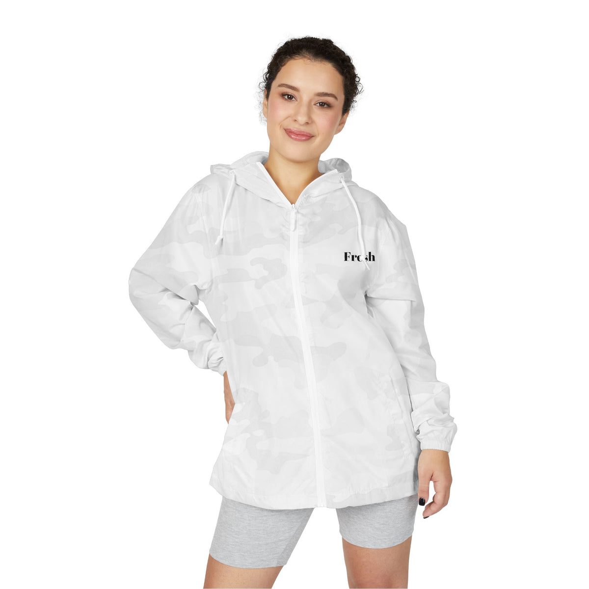 Fresh White Camo Windbreaker Jacket — Lightweight Full‑Zip Hooded Outerwear